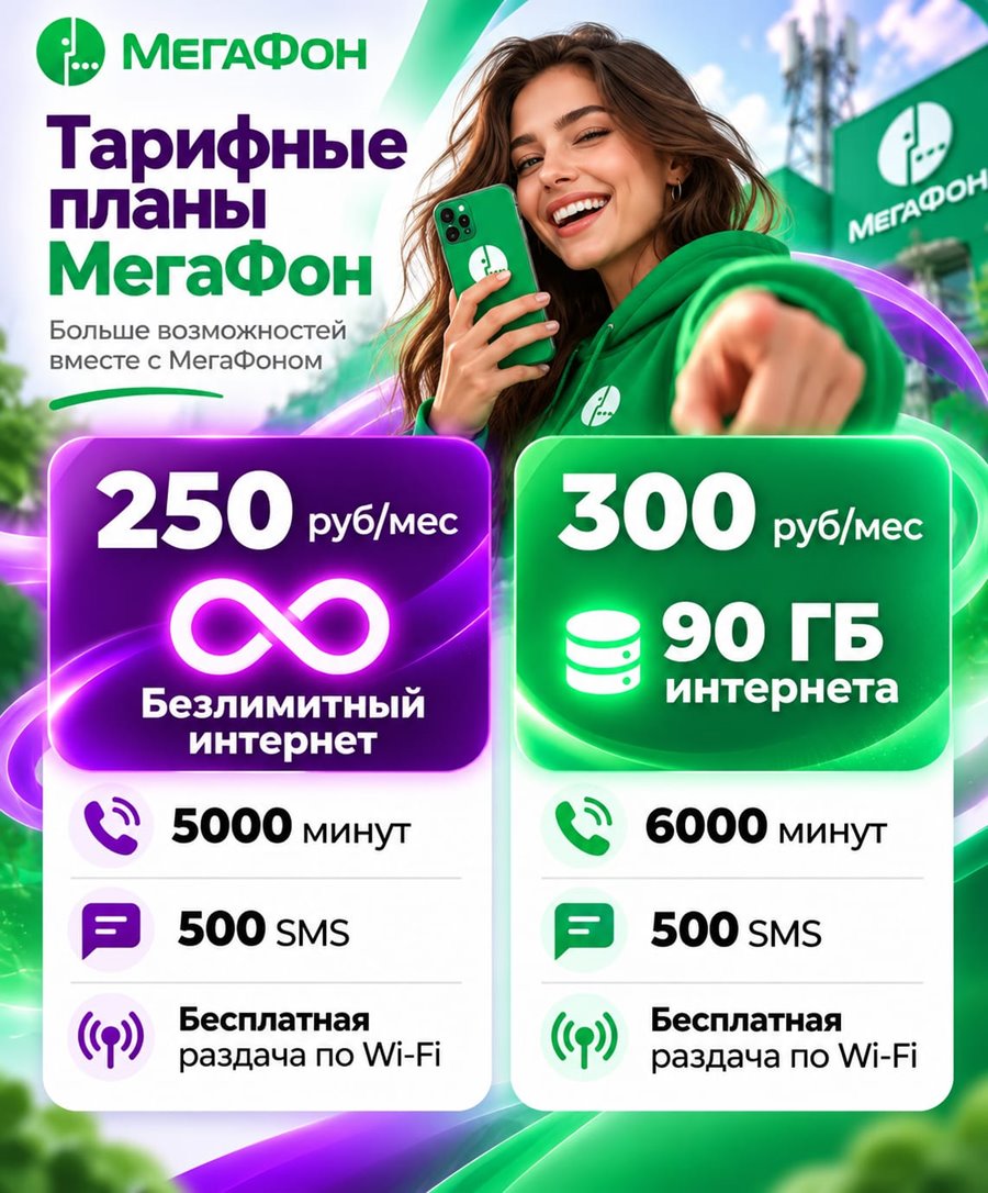 Сим карта Мегафон 250-300 руб/мес БЕЗЛИМИТНЫЙ ИНТЕРНЕТ 5000 минут
